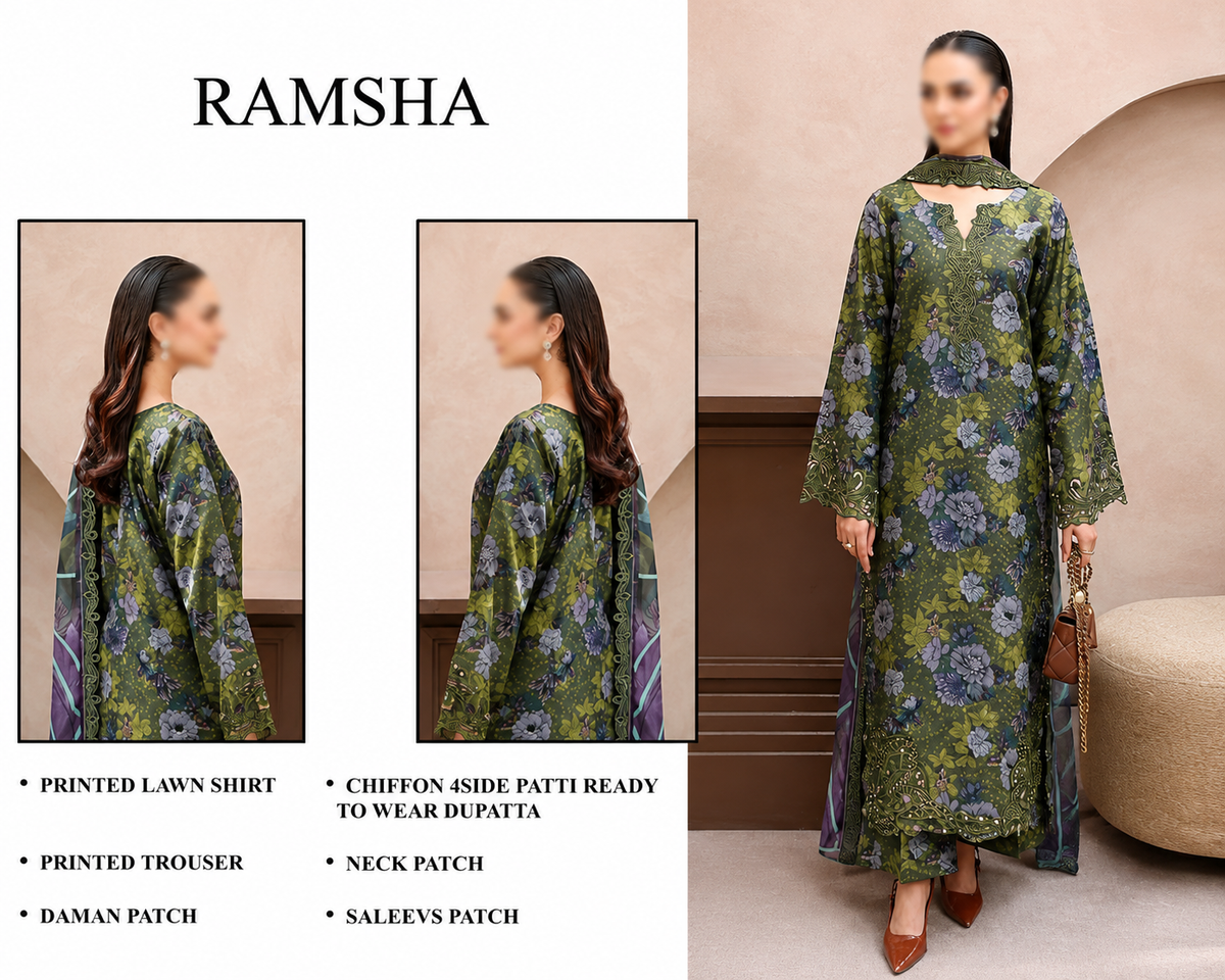 Ramsha lawn Embroidery 3 piece Unstitched order code (Af-28)