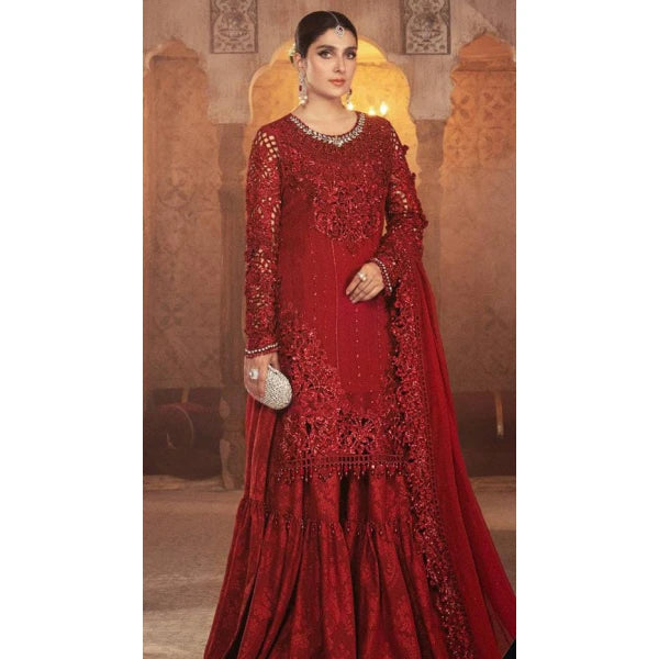 Maria B RUBY RED net Embroidered & Hand Embellished 3 Piece Dress