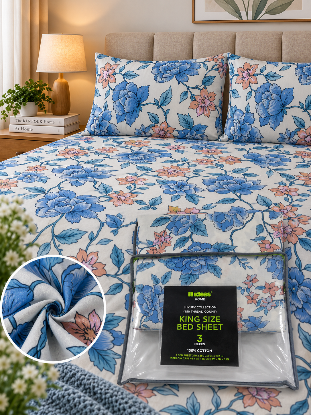 Blue Floral King Size Bedsheet with 2 Pillow Covers | 100% Cotton