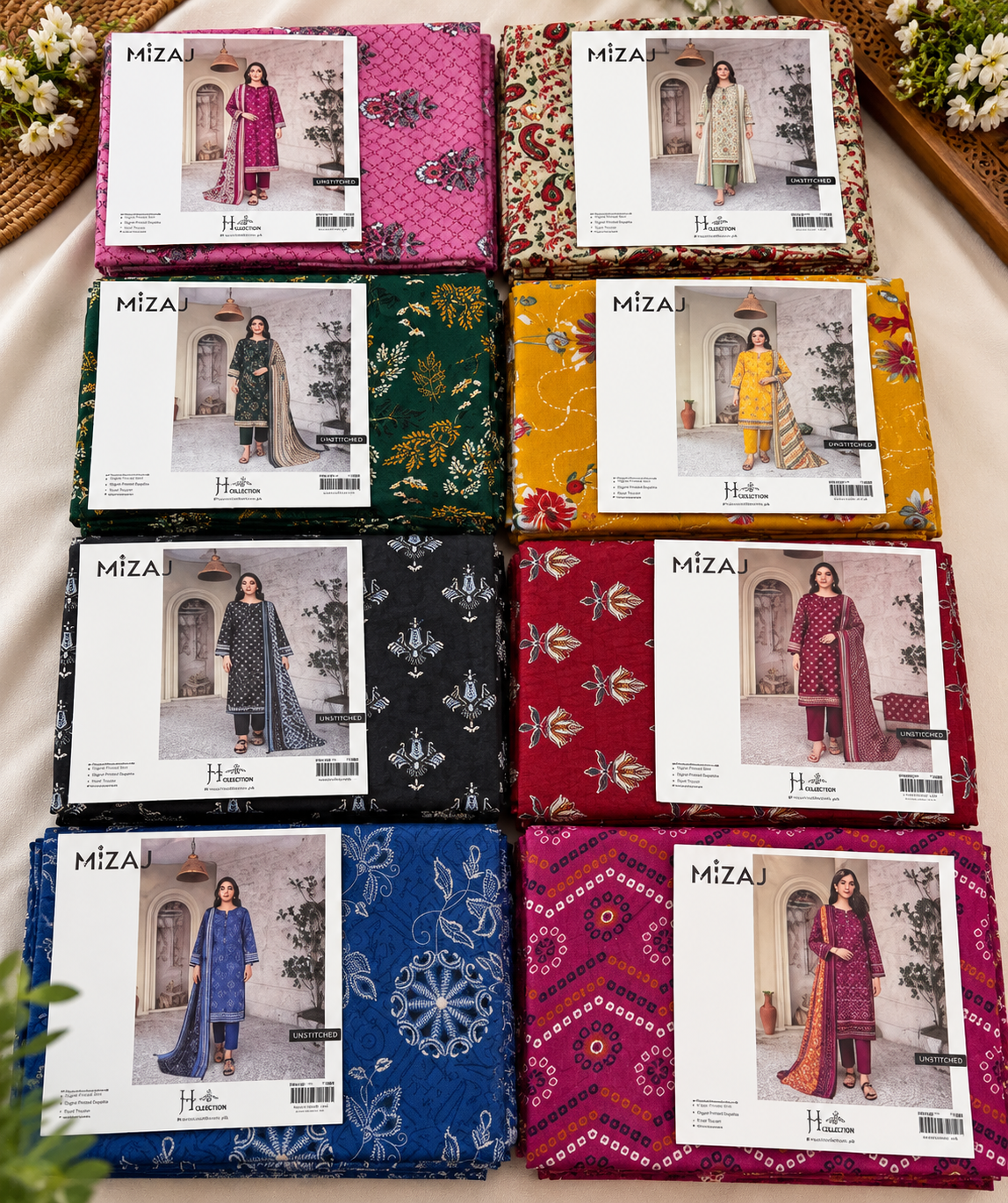 Mizaaj Original Khaddar Printed 3 Piece Set of 8