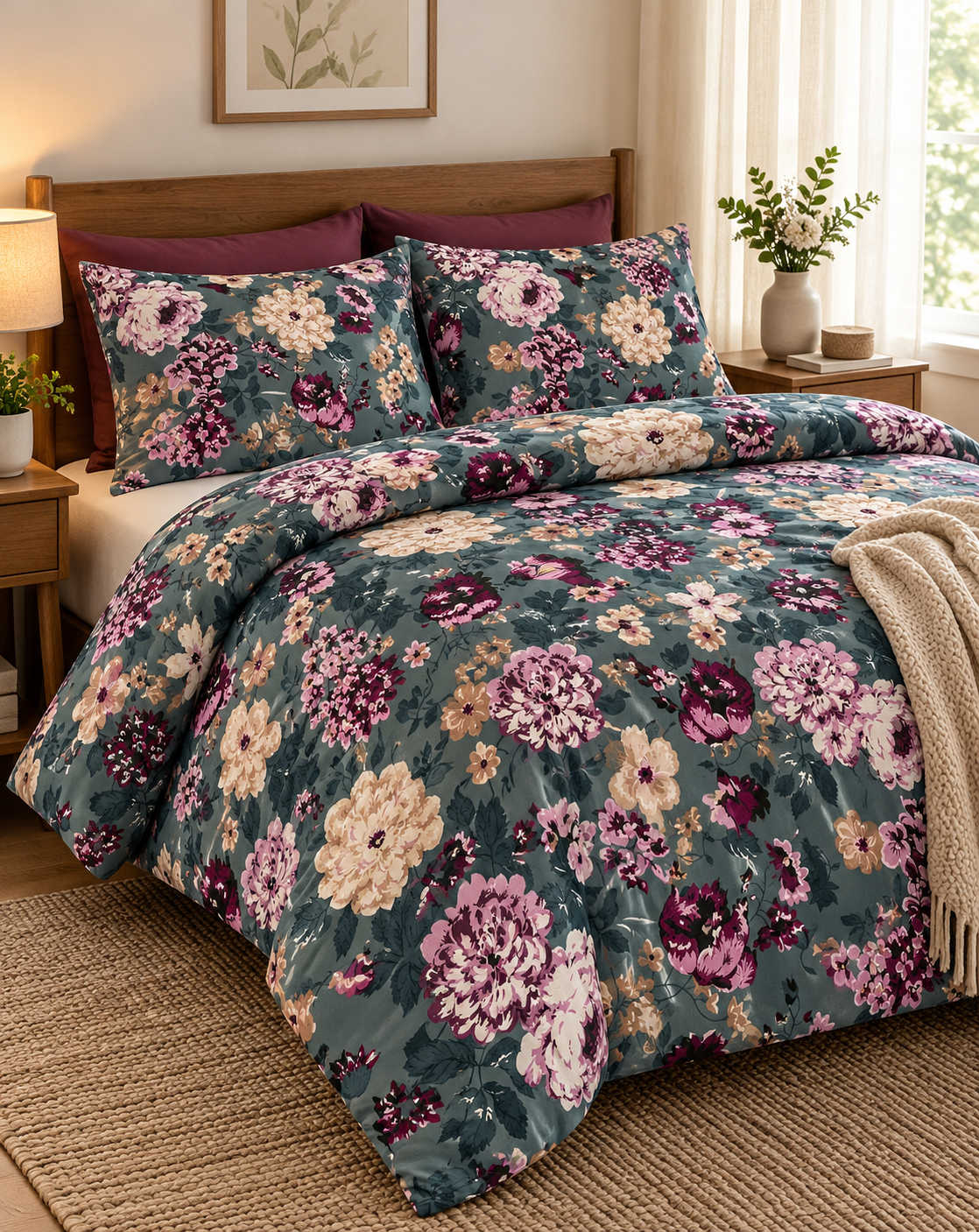 Floral Printed Bedsheet Set – Teal Blue & Multicolor Floral Design