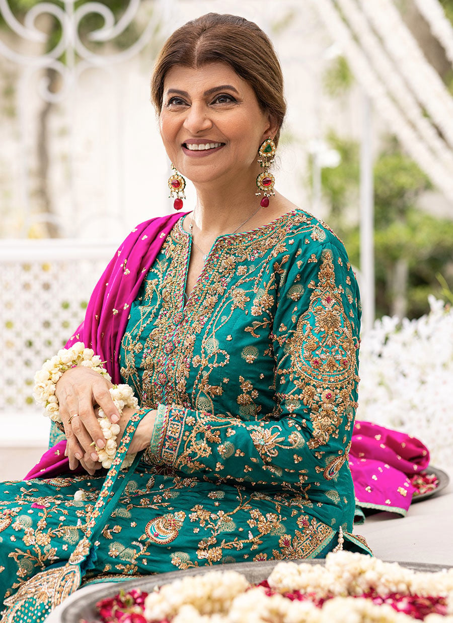 Farah Talib Aziz AVISA EMERALD KURTA Raw Silk Heavy Luxury Wedding Formal Embroidered & Hand Embellished 3 Piece Dress