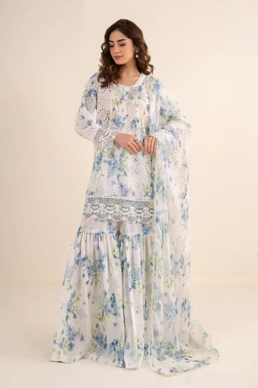 Maria B Luxury Blue Printed Lawn Chikankari Shirt with Embroidered Dupatta