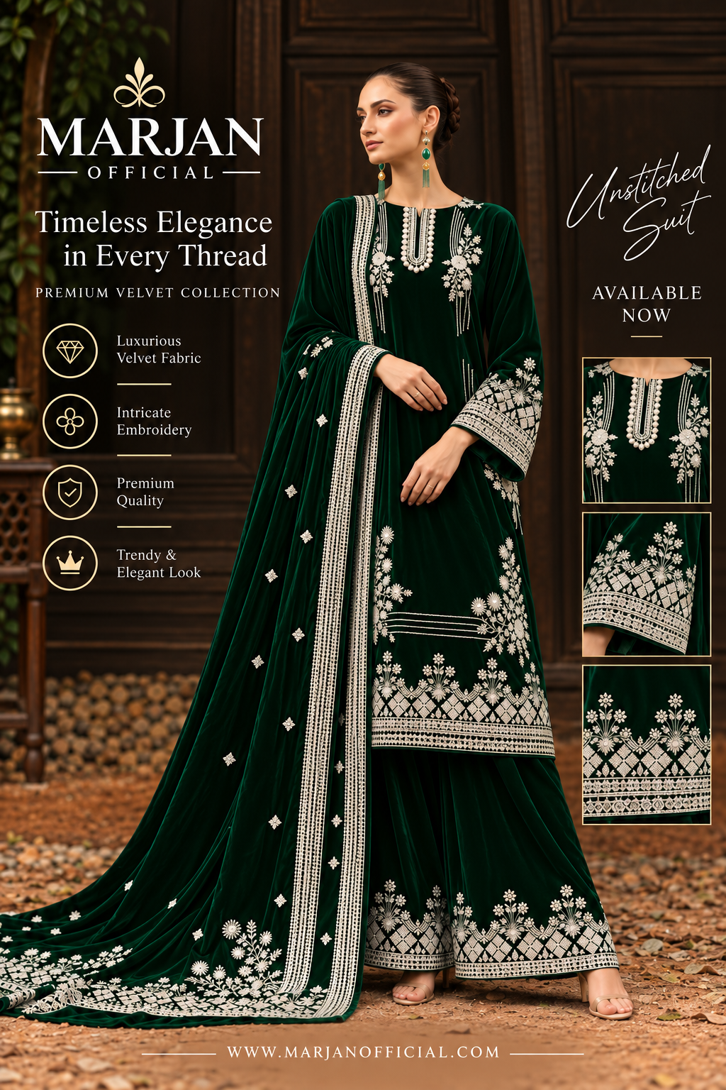 Marjan Emerald Green Velvet Embroidered 3-Piece Suit