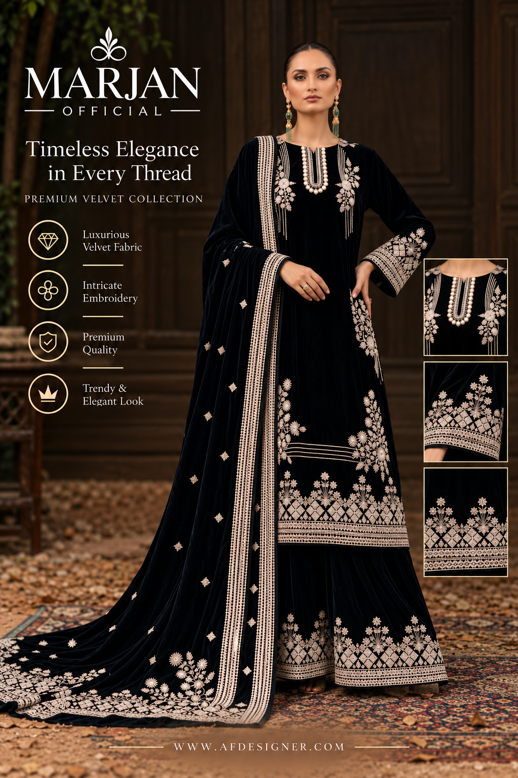 Marjan Original Velvet Suit – Embroidered Velvet 3 Piece