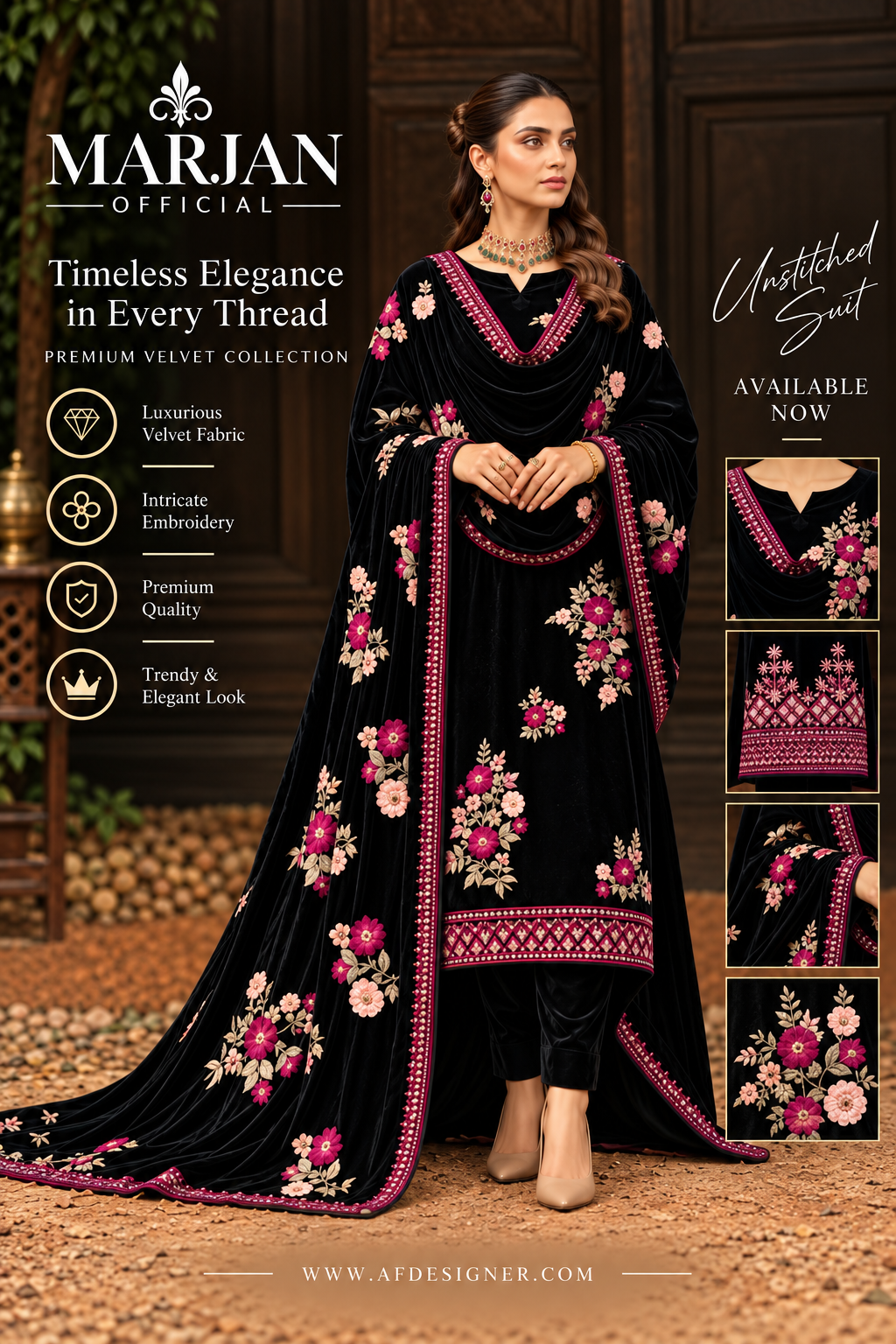 Marjan Original Black Velvet Embroidered 3 Piece Suit | Premium Winter Collection