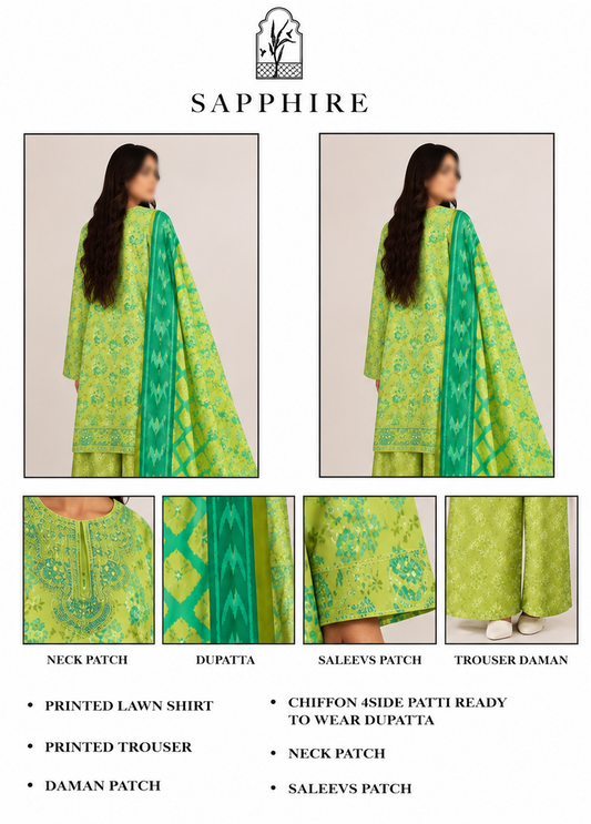 A model wears a three-piece Sapphires brand salwar kameez set in bright lime green and teal, featuring an embroidered kurta, matching trousers, and a patterned dupatta. The image is a composite product presentation showing multiple angles, close-ups of details, and a feature list on a beige backgroun