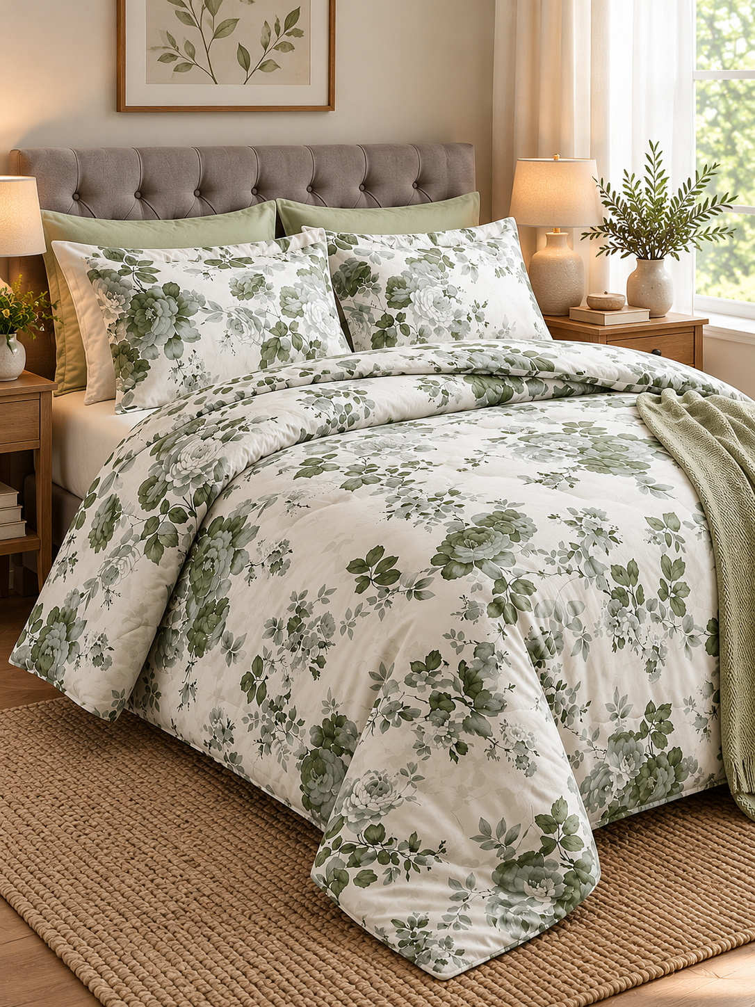 Sage Green Floral Bedsheet Set – Elegant Botanical Printed Bedding