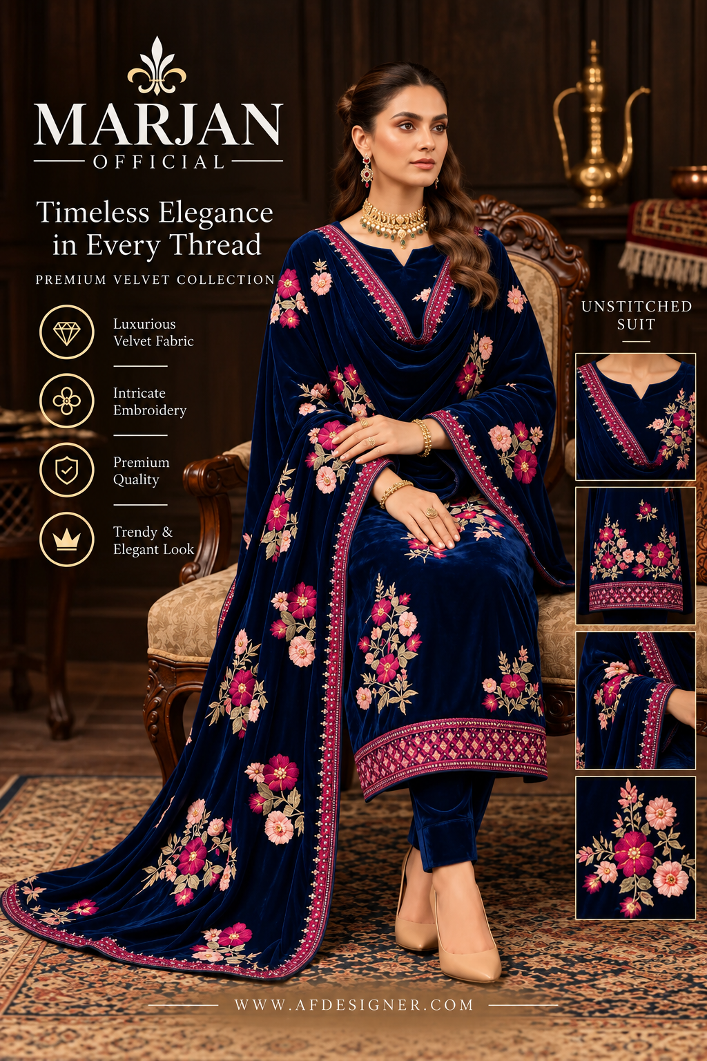 Marjan Original Velvet Embroidered 3 Piece Suit – Premium Winter Collection