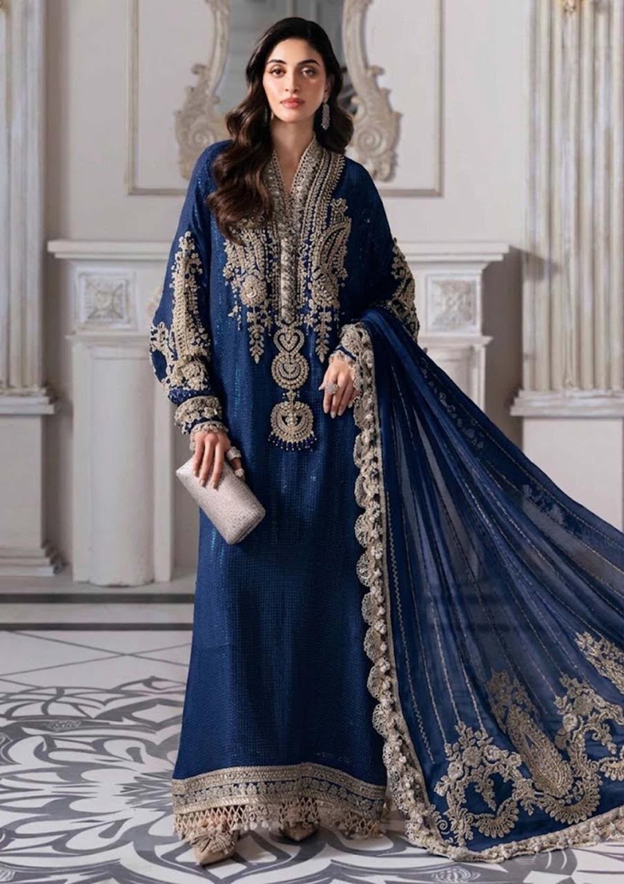 Maria B Blue Luxury Chiffon Embroidered Suit | 3PC Designer Collection