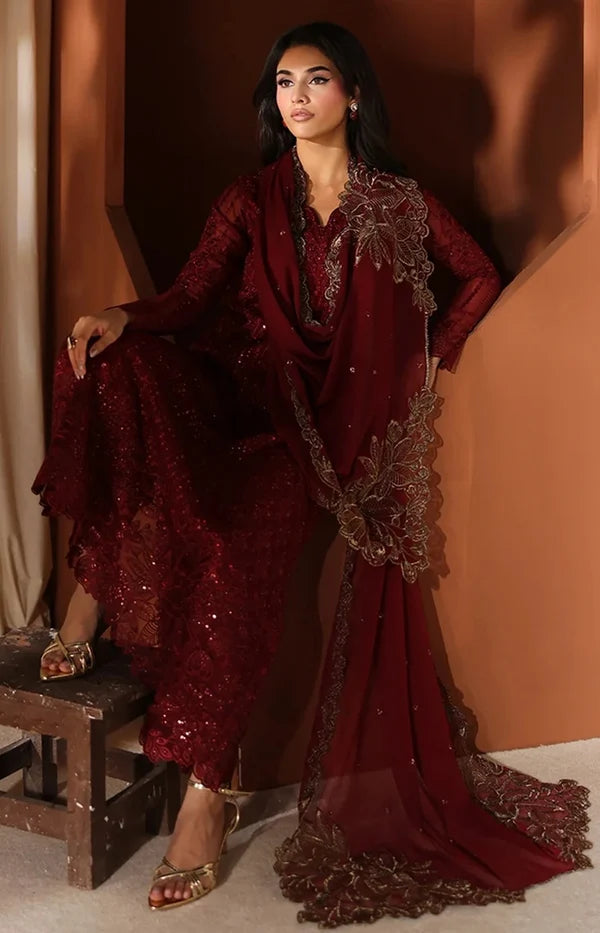 Azure Luxury Chiffon Embroidered 3Pc Unstitched Suit - Cherry Blossom