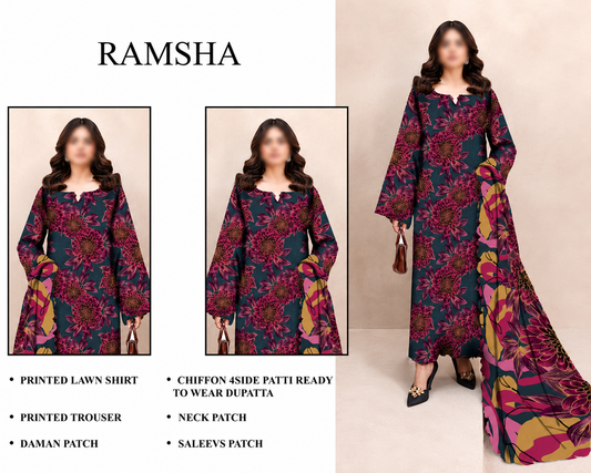 Ramsha lawn Embroidery 3 piece Unstitched order code (Af-21)