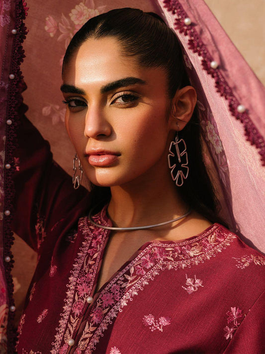 Bin Ilyas Maroon Luxury Lawn Chikankari 3-Piece Unstitched Suit
