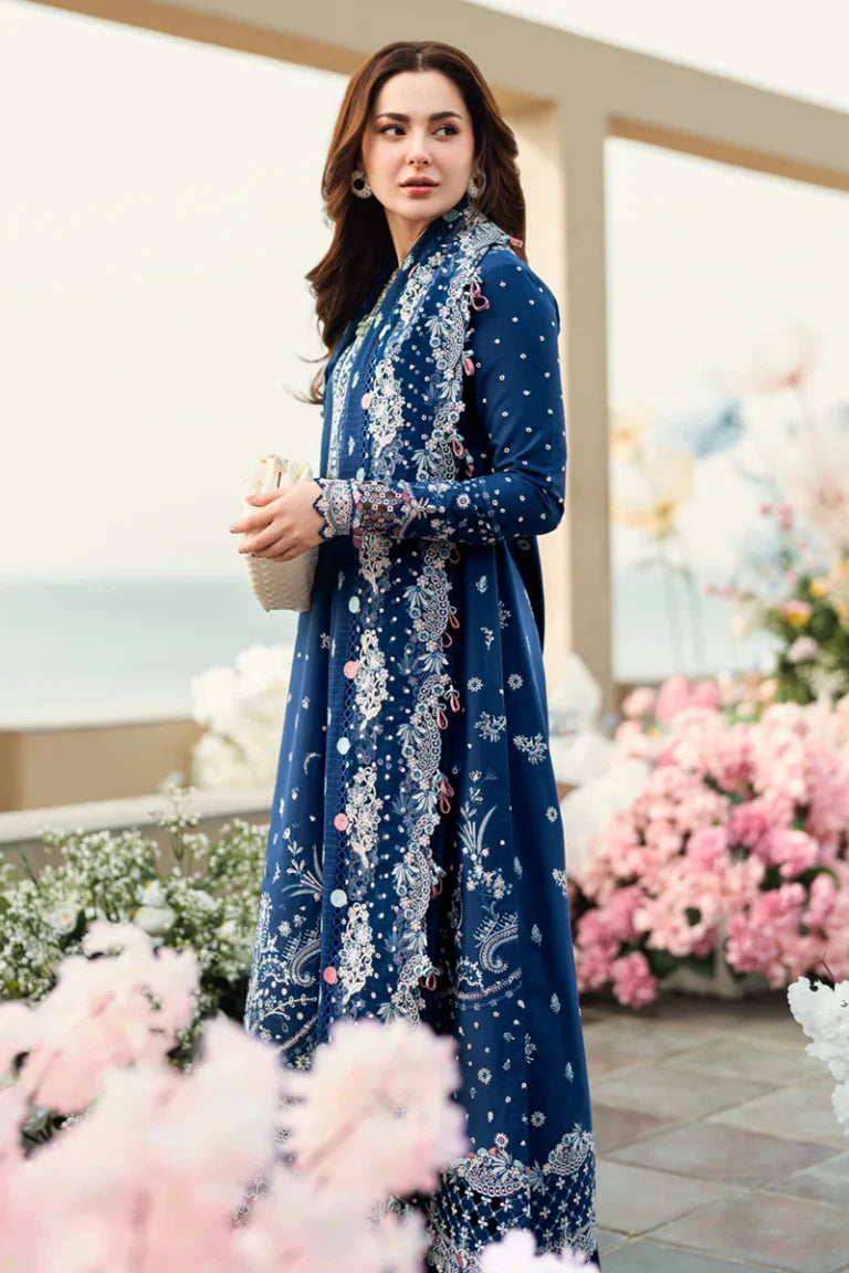 Qalamkar Blue Embroidered 3-Piece Suit with Embroidered Shawl