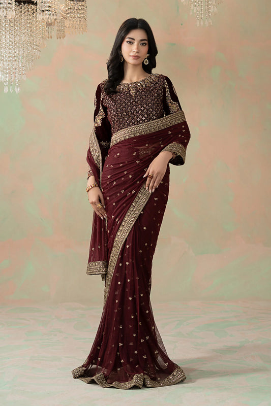 Luxury Net Embroidered 3Pc Unstitched Saree