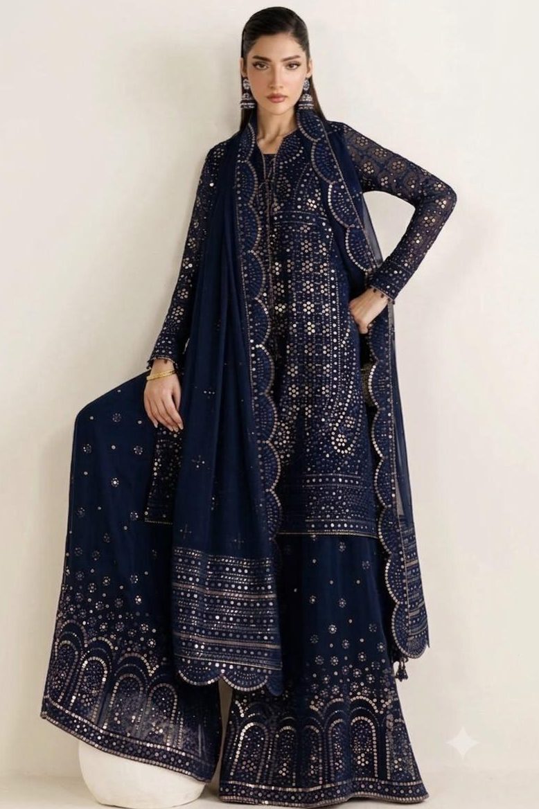 Jazmin Navy Blue Chiffon 3 Piece Suit