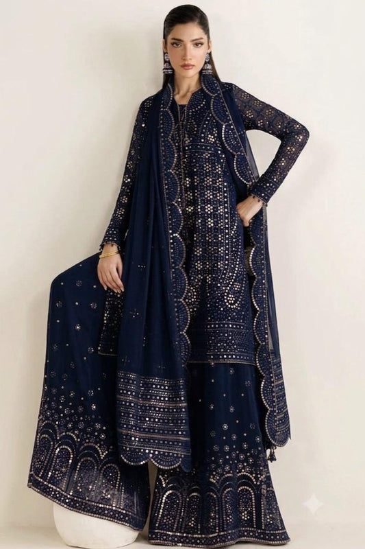 Jazmin Navy Blue Chiffon 3 Piece Suit