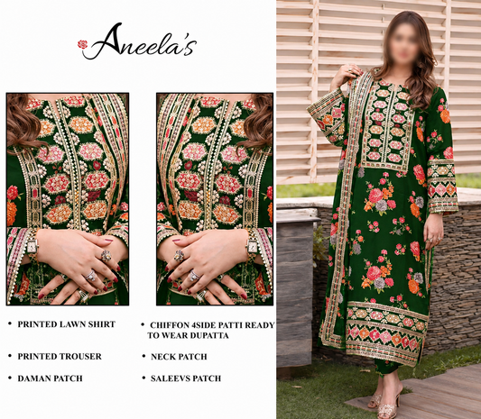 Aneela's lawn Embroidery 3 piece Unstitched order code (Af-10)