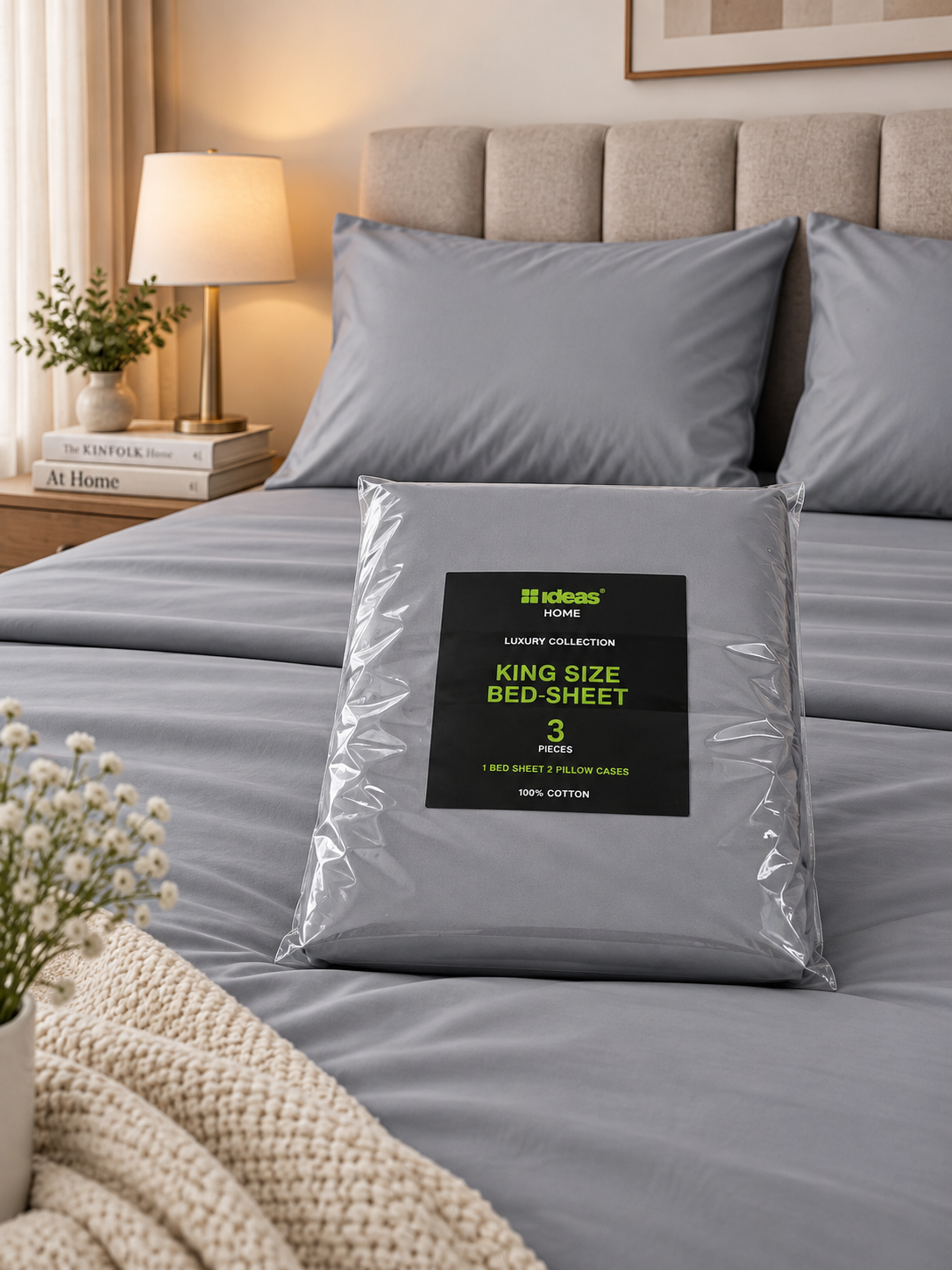 Grey King Size Bedsheet with 2 Pillow Covers