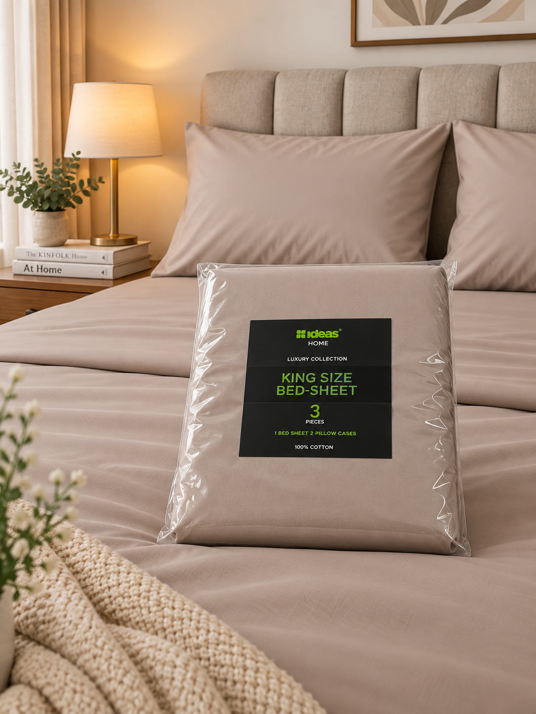Beige King Size Bedsheet with 2 Pillow Covers