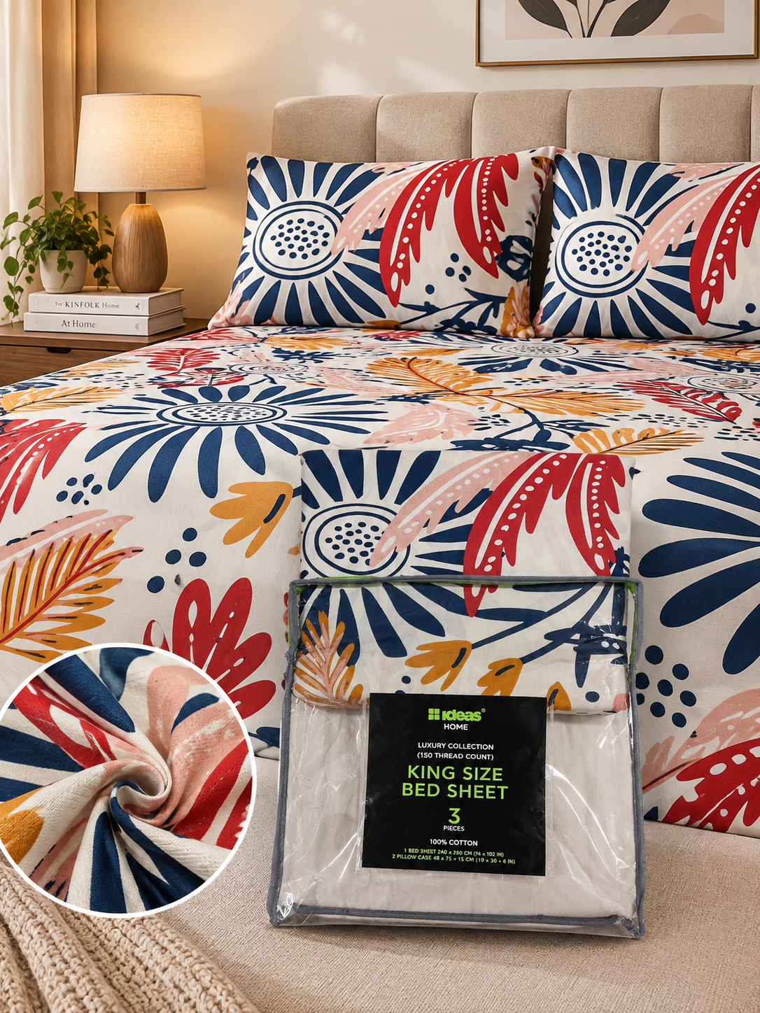 Ideas Floral King Size Bedsheet with 2 Pillow Covers | 150 Thread Count