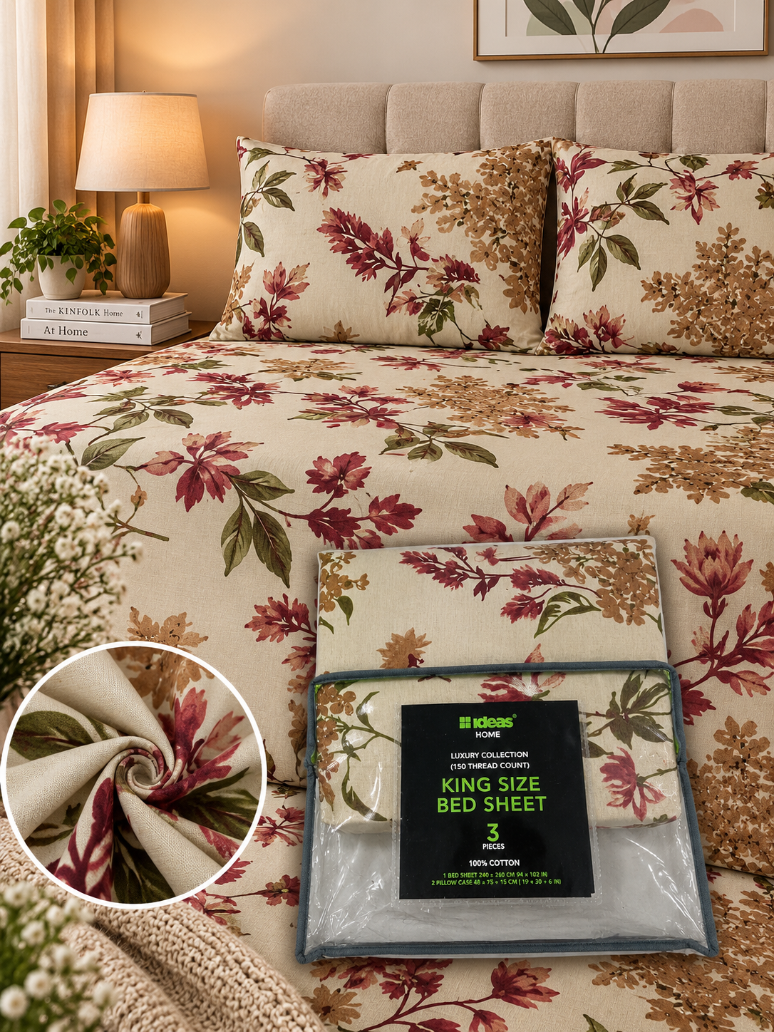 Floral King Size Bedsheet with 2 Pillow Covers | 100% Cotton