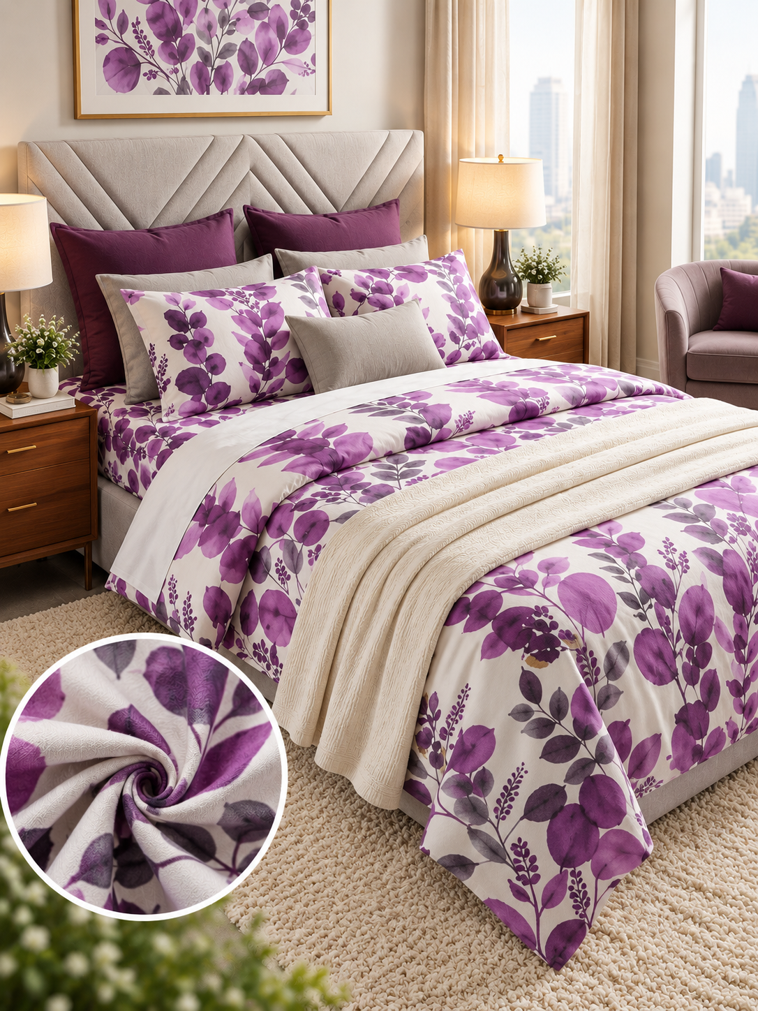 Purple Floral King Size Bedsheet Set