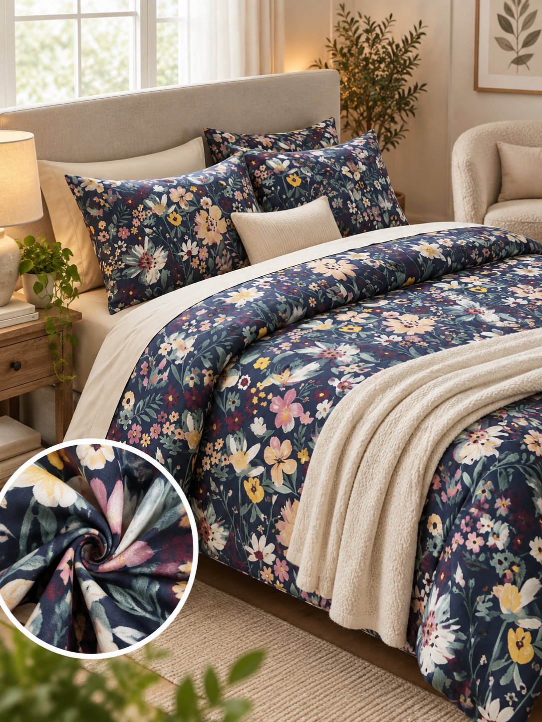 Navy Blue Floral King Size Bedsheet Set