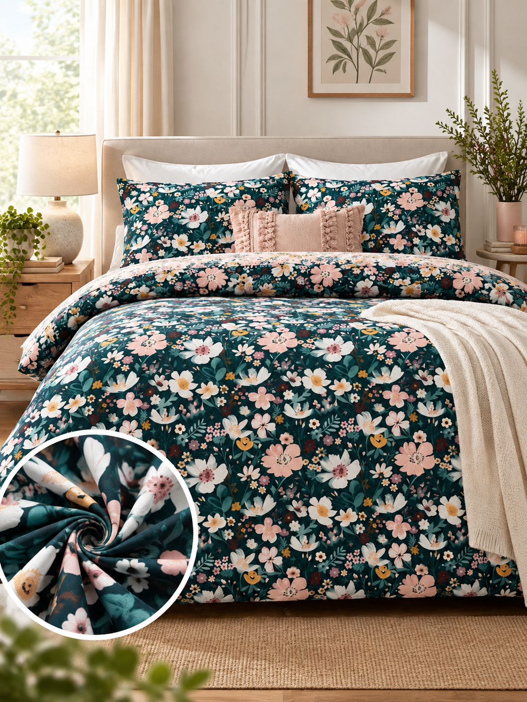 Luxury Floral King Size Bedsheet – Dark Teal Printed Bedding Set