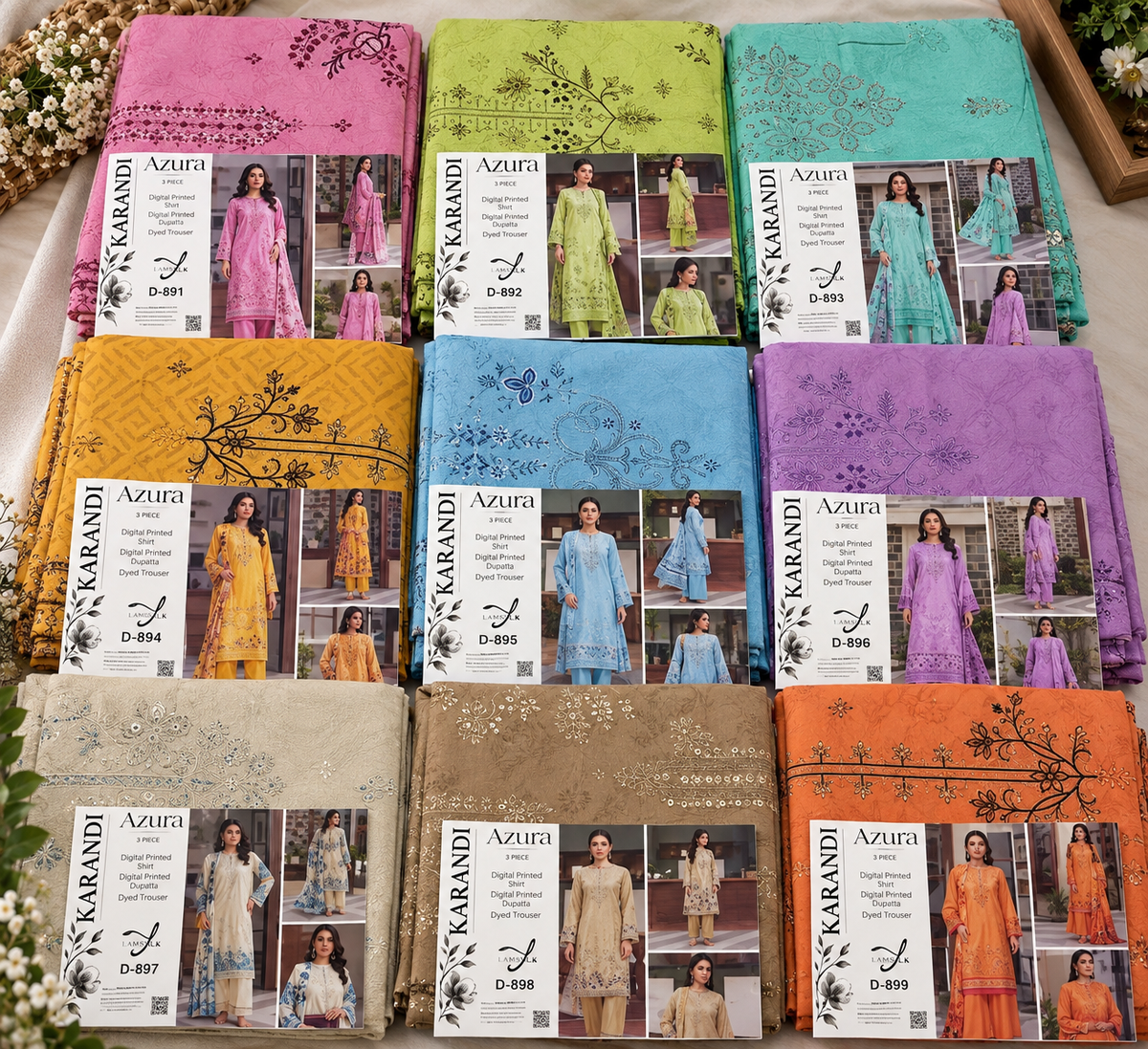 Set of 9 Karandi Embroidered 3 Piece AZURE Volume Suits