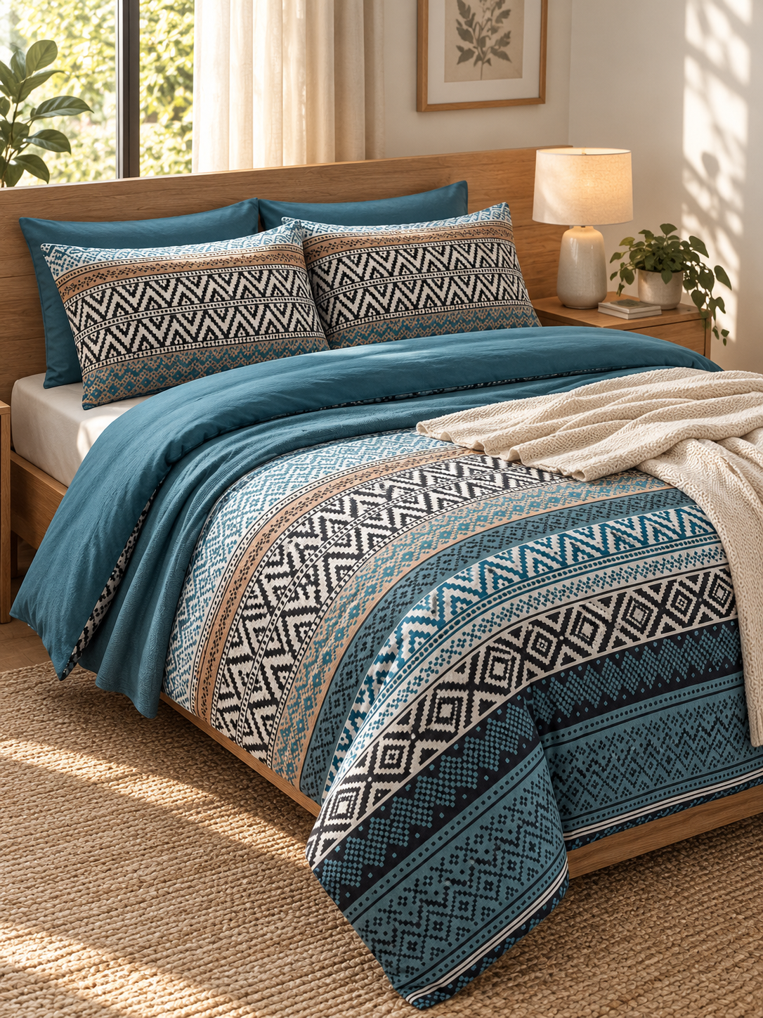 Teal Geometric King Size Fitted Bedsheet Set