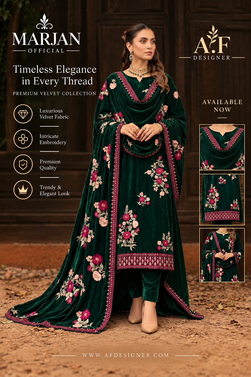 A.F Designer Original Velvet Embroidered 3 Piece Suit with Shawl & Velvet Trouser