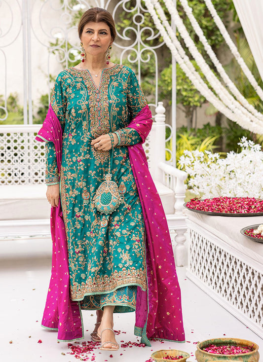 Farah Talib Aziz AVISA EMERALD KURTA Raw Silk Heavy Luxury Wedding Formal Embroidered & Hand Embellished 3 Piece Dress