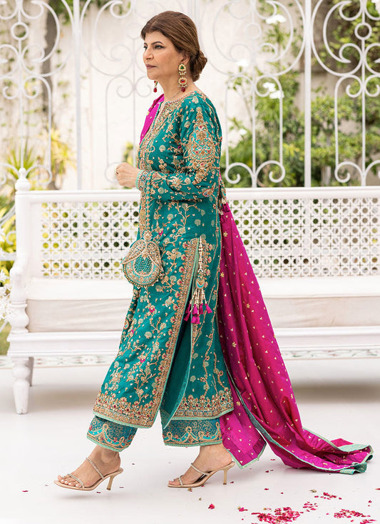 Farah Talib Aziz AVISA EMERALD KURTA Raw Silk Heavy Luxury Wedding Formal Embroidered & Hand Embellished 3 Piece Dress