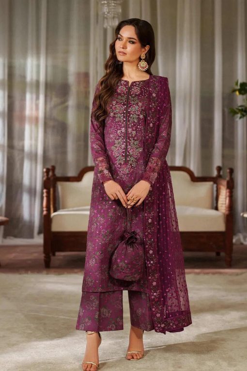 Iznik Purple Luxury Printed Lawn Chikankari Shirt with Embroidered Dupatta