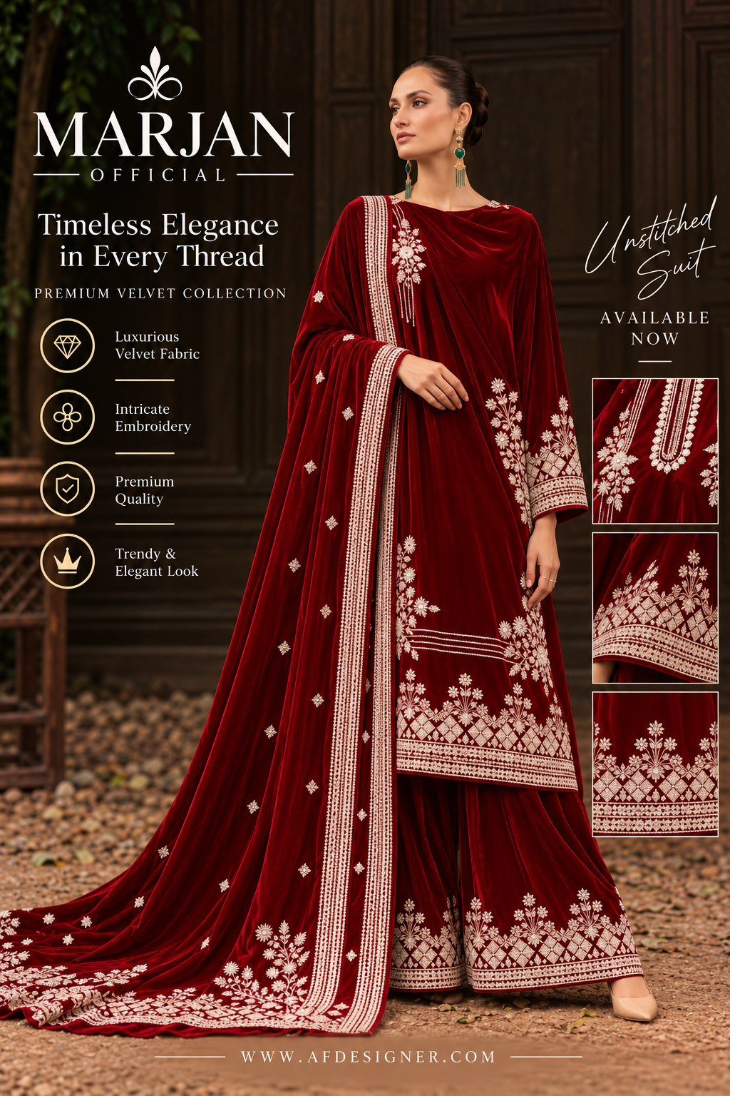 Marjan Maroon Velvet Embroidered Unstitched Suit | Premium Winter Collection