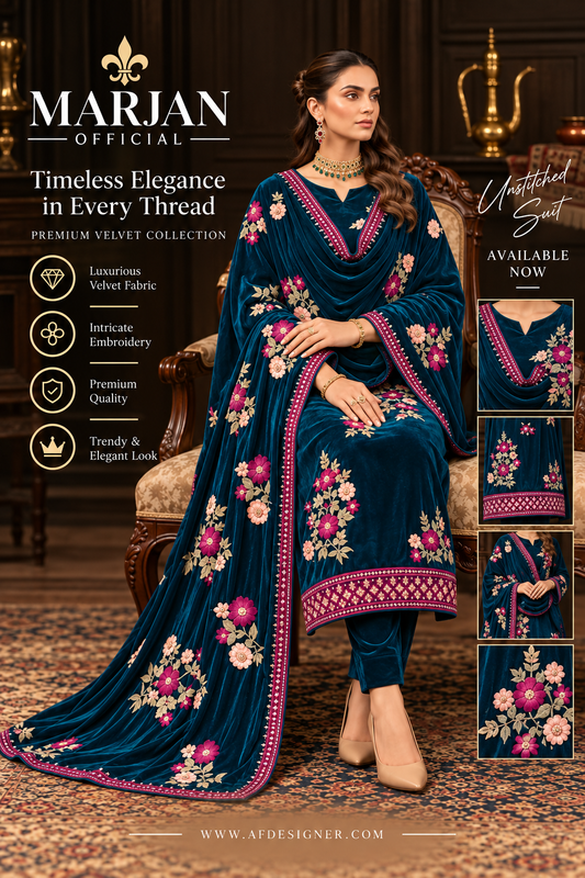 Marjan Original Velvet Embroidered 3 Piece Suit – Premium Winter Collection