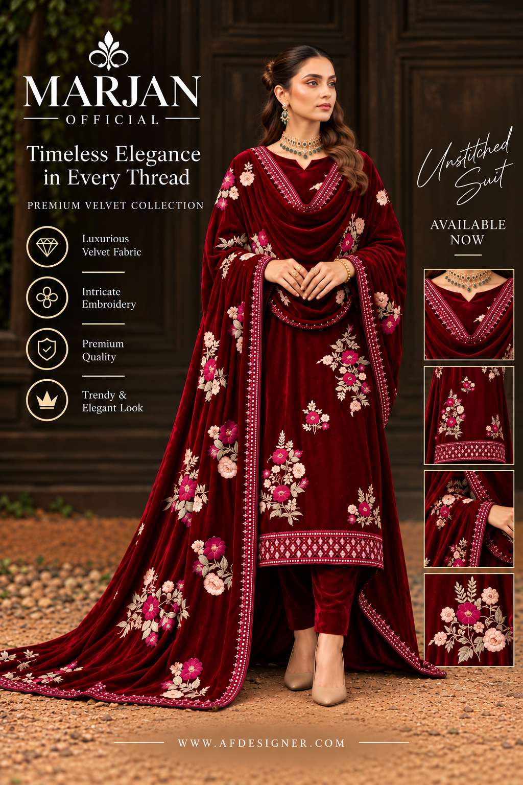 Marjan Original Velvet Embroidered 3 Piece Suit | Premium Micro Velvet