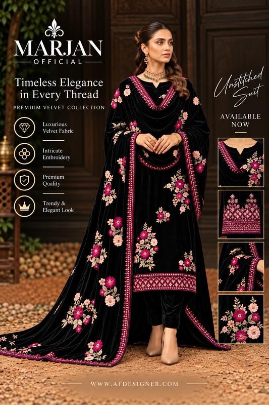 Marjan Original Black Velvet Embroidered 3 Piece Suit | Premium Winter Collection
