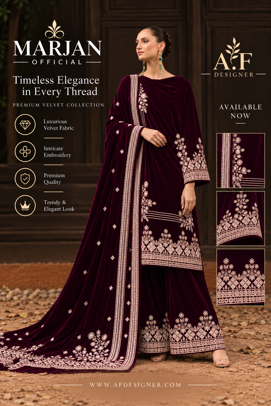 Marjan Original Velvet Embroidered 3 Piece Unstitched Suit
