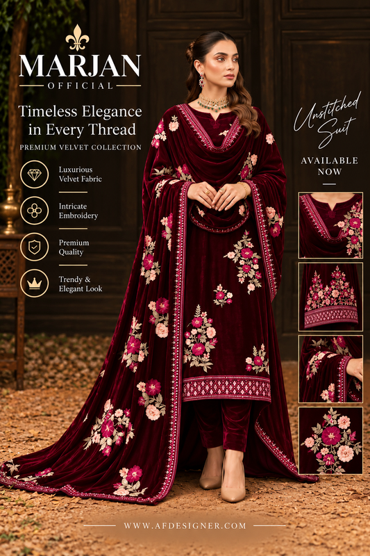 Marjan Original Maroon Velvet Embroidered 3 Piece Suit | Premium Winter Collection