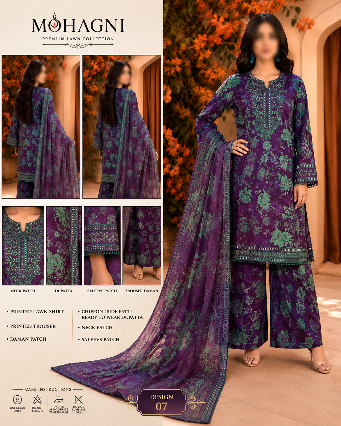 Mohagni lawn Embroidery 3 piece Unstitched order code (Af-05)