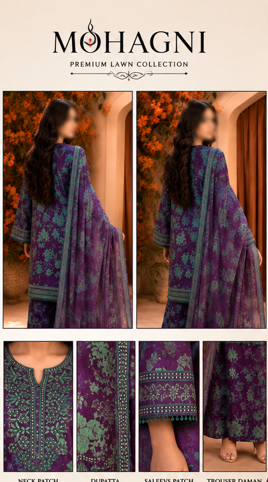 Mohagni lawn Embroidery 3 piece Unstitched order code (Af-05)