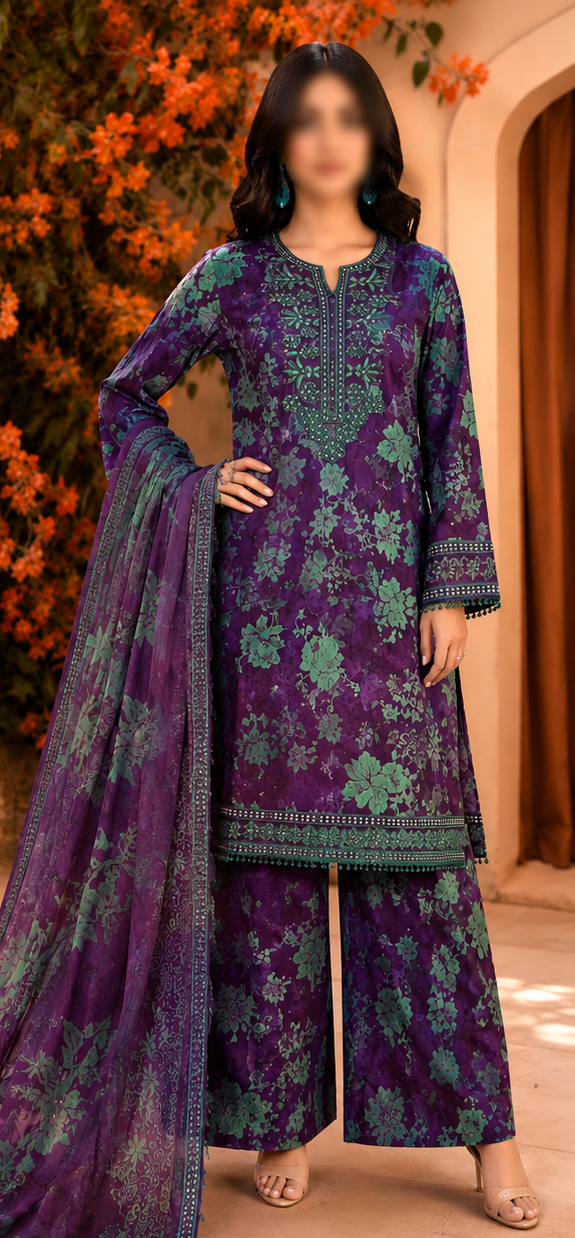 Mohagni lawn Embroidery 3 piece Unstitched order code (Af-05)
