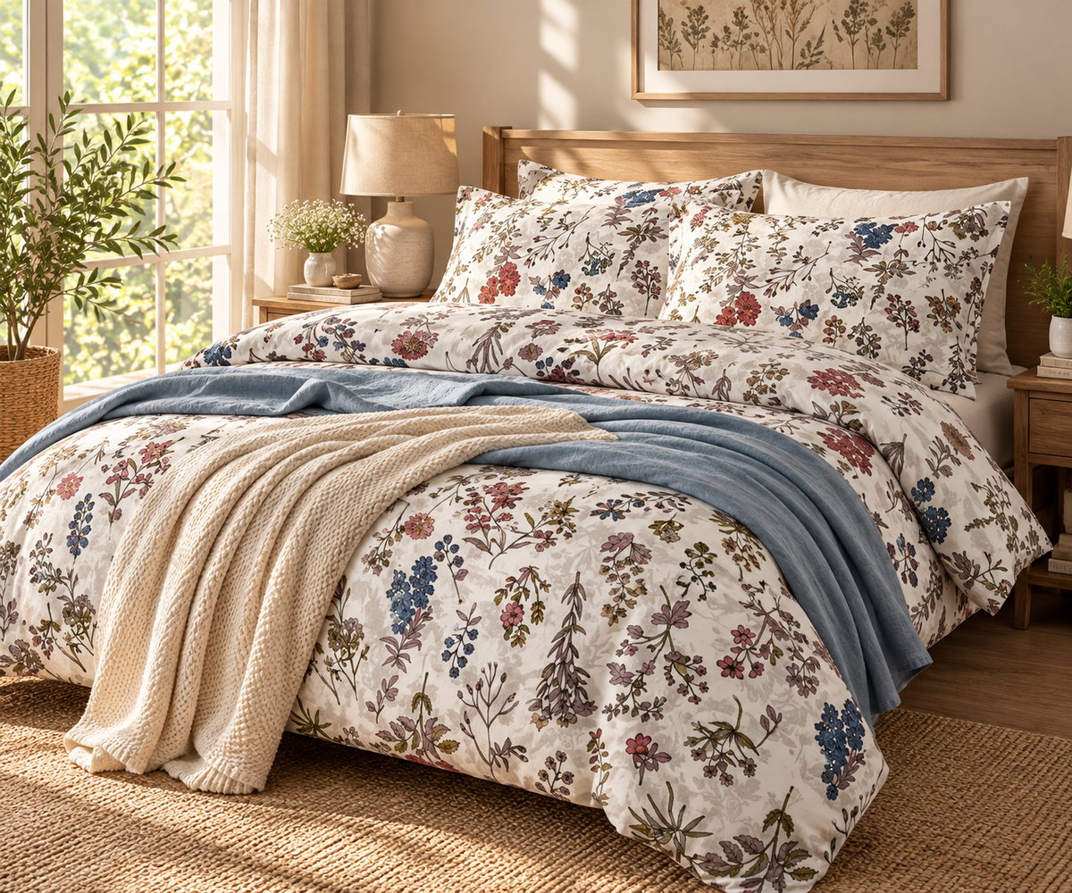Floral King Size Fitted Bedsheet – Cotton with 2 Pillow Covers | A.F Designer