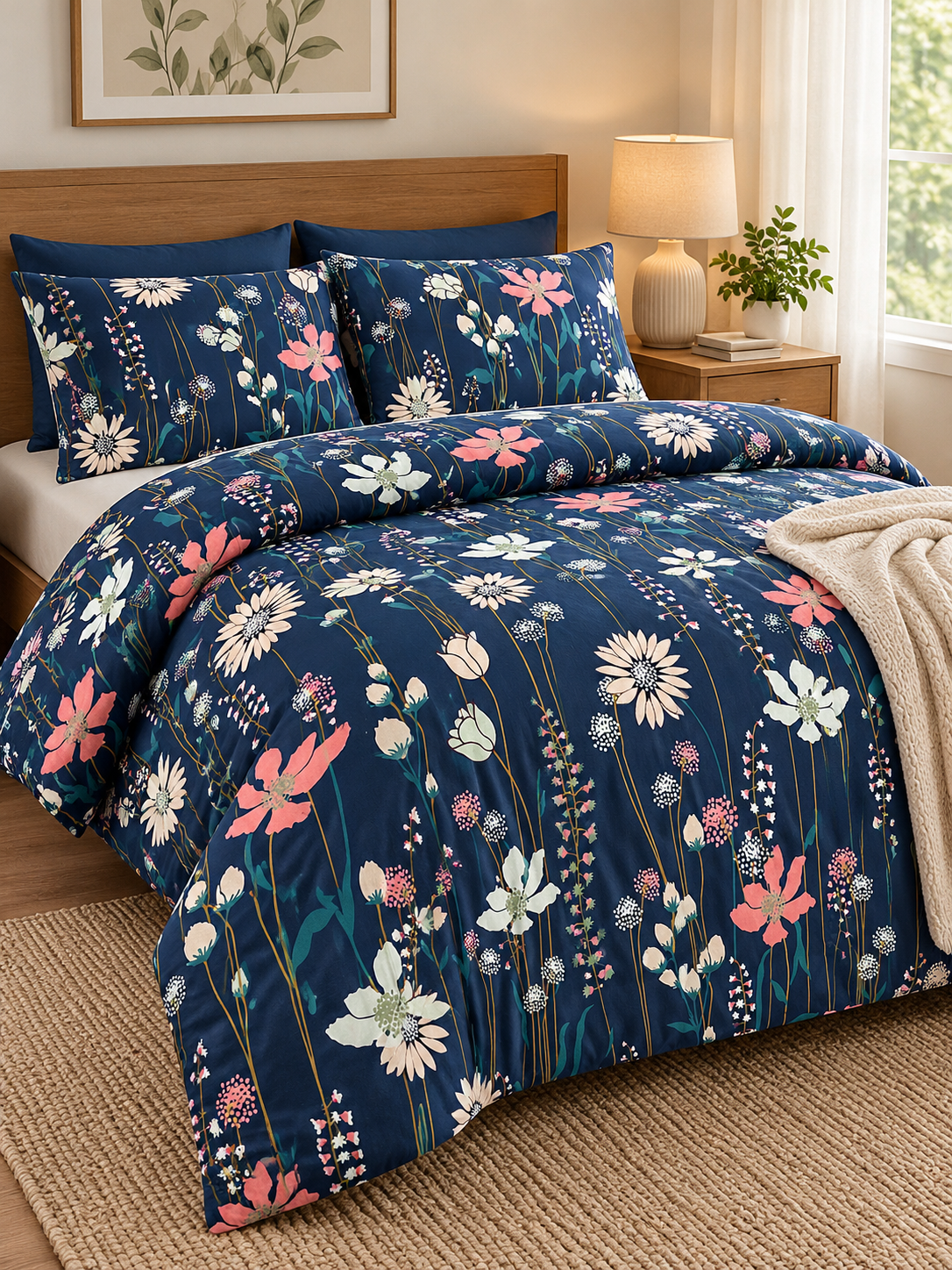 Navy Blue Floral Printed Bedsheet Set