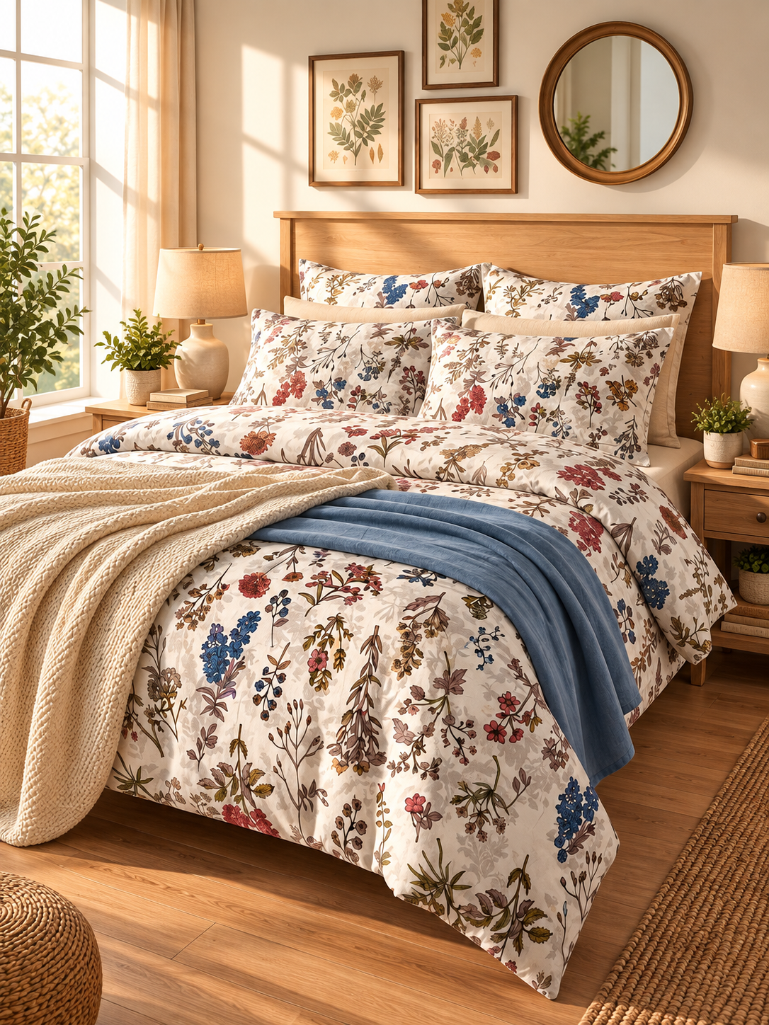 Floral King Size Fitted Bedsheet – Cotton with 2 Pillow Covers | A.F Designer
