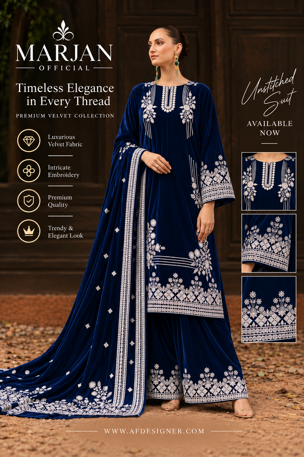 Marjan Navy Blue Velvet Embroidered Unstitched Suit | Premium Winter Collection
