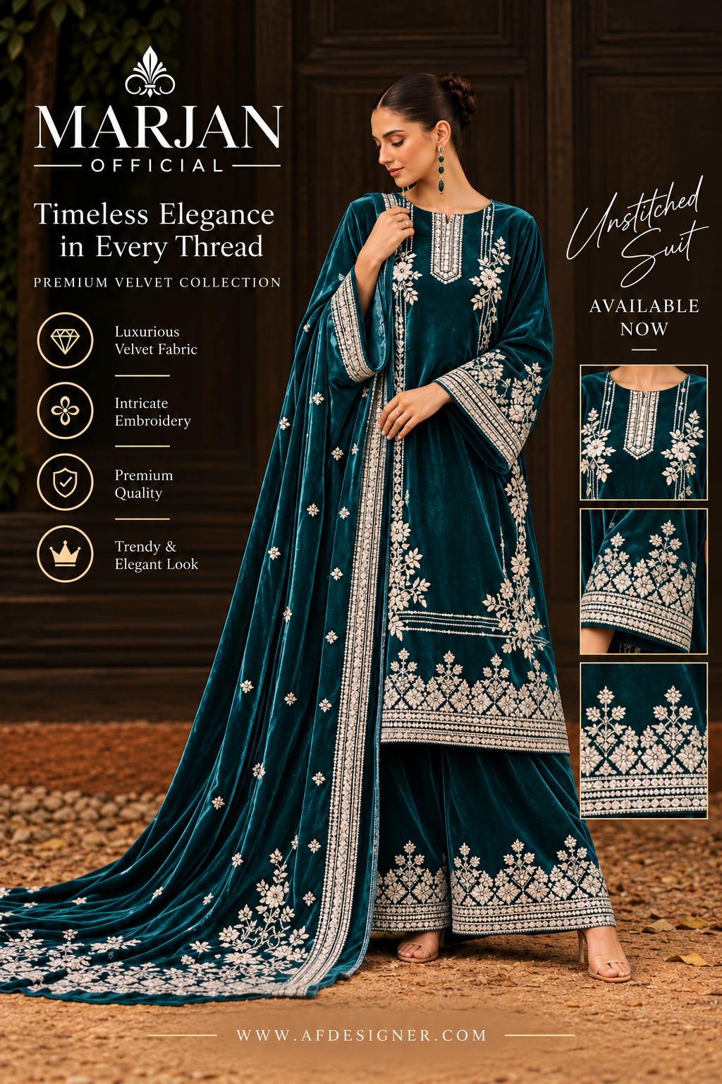Marjan Premium Teal Velvet Embroidered 3-Piece Suit