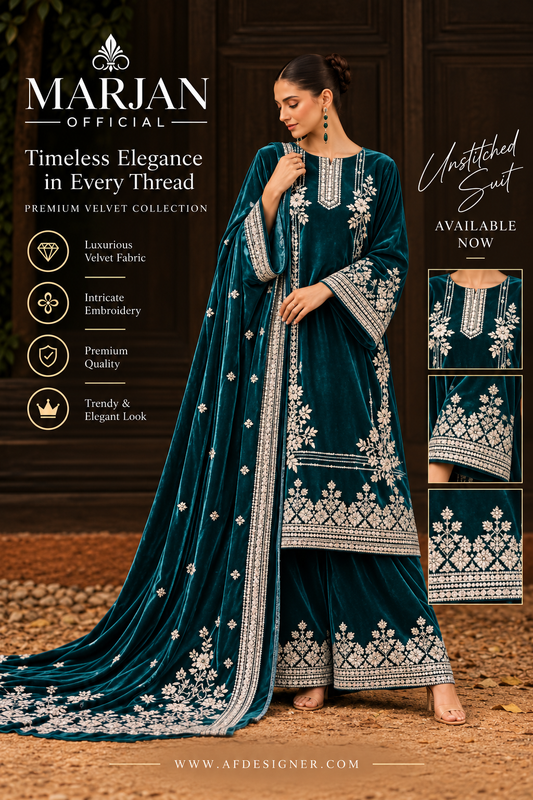 Marjan Premium Teal Velvet Embroidered 3-Piece Suit